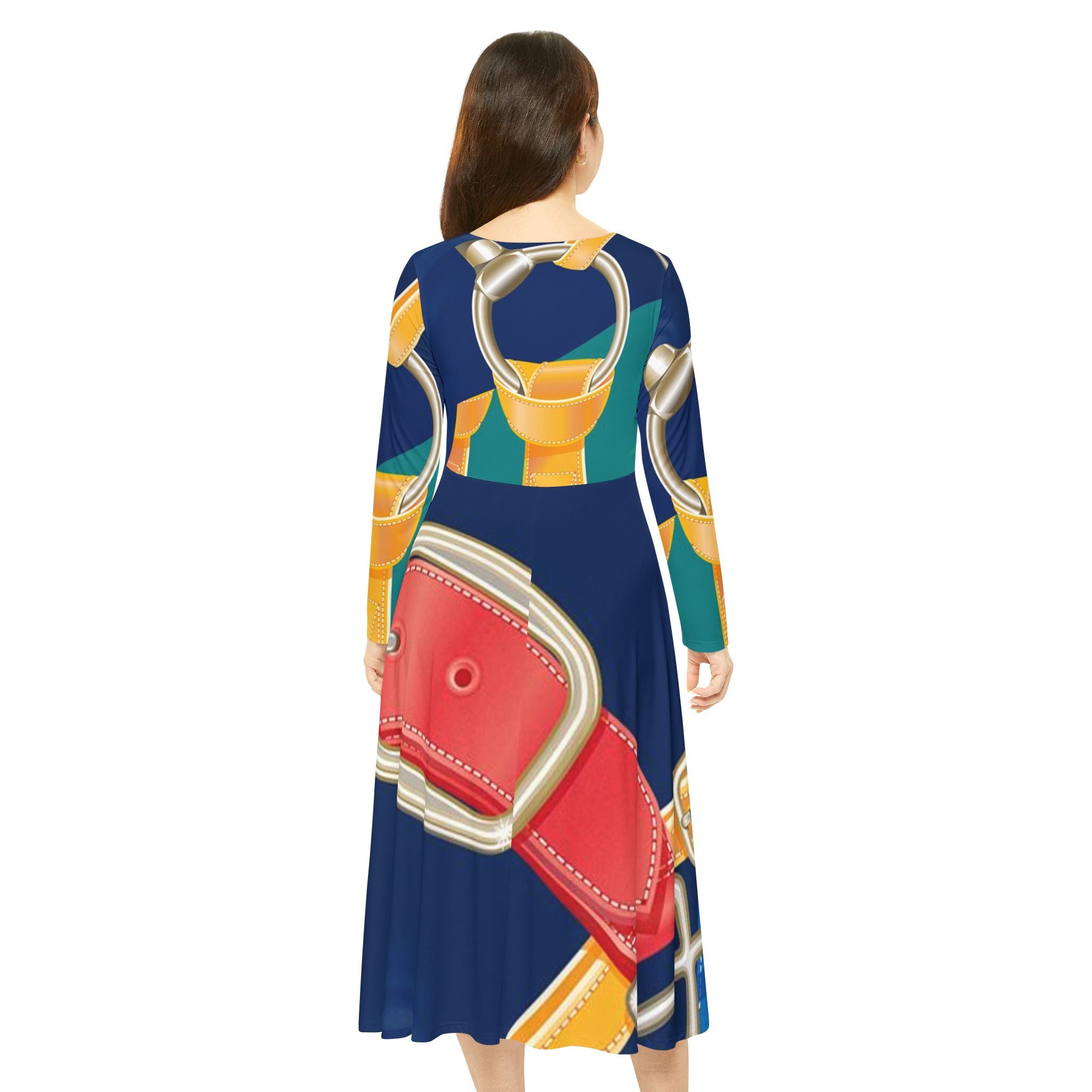 Belt Print Long-Sleeve Dance Dress – Bold Equestrian-Inspired AOP