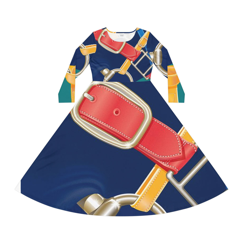 Belt Print Long-Sleeve Dance Dress – Bold Equestrian-Inspired AOP