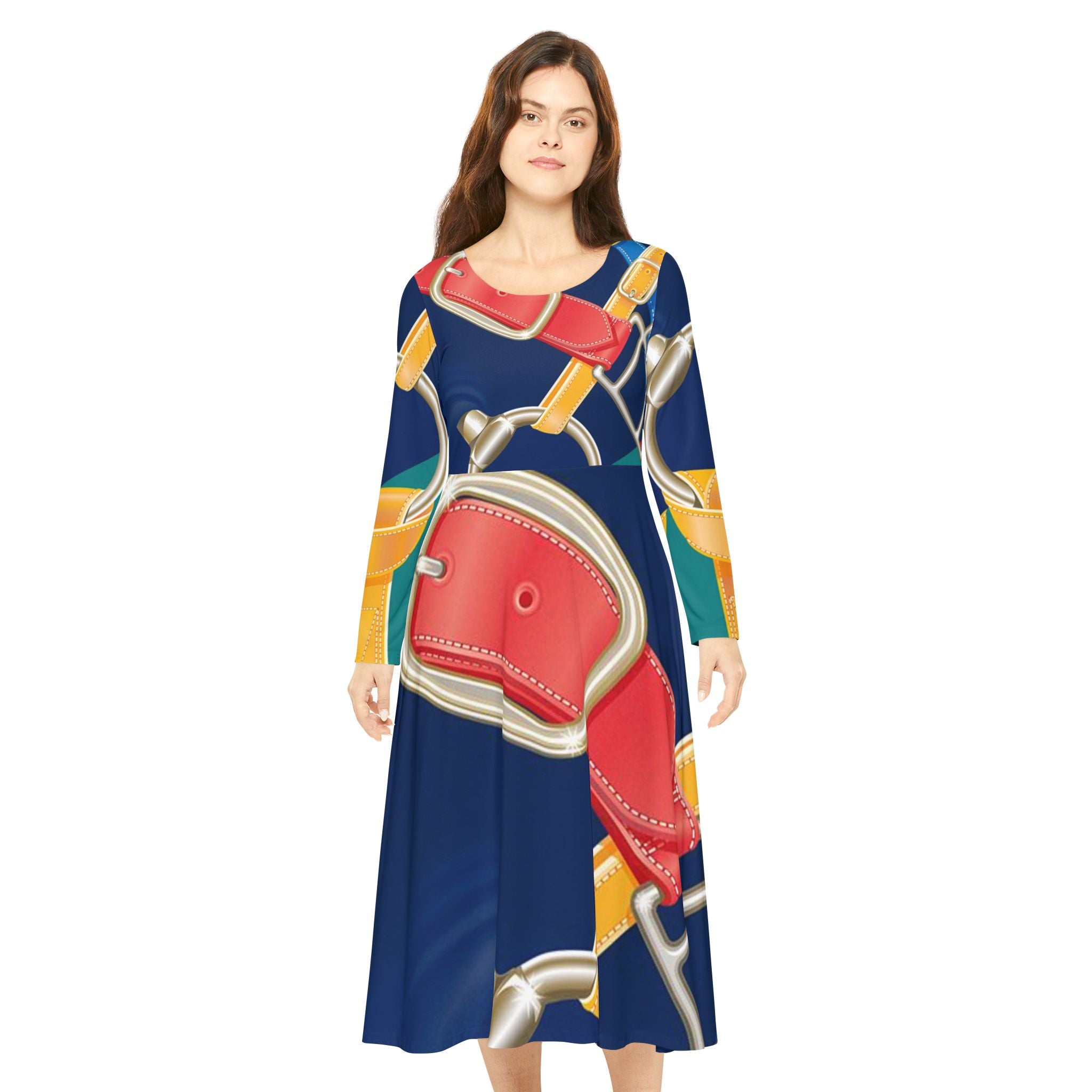 Belt Print Long-Sleeve Dance Dress – Bold Equestrian-Inspired AOP