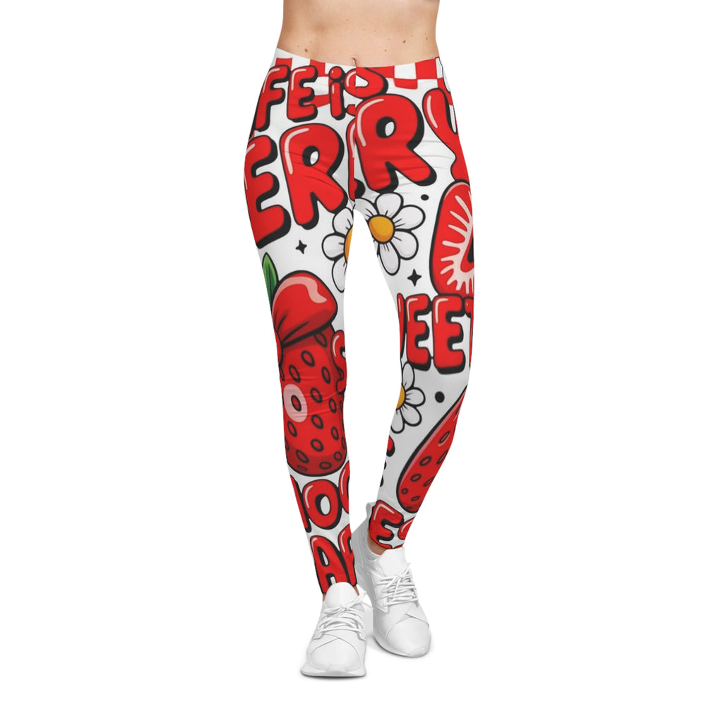 Strawberry Cheer Women's Leggings — Cute Red Fruit Graphic All-Over Print