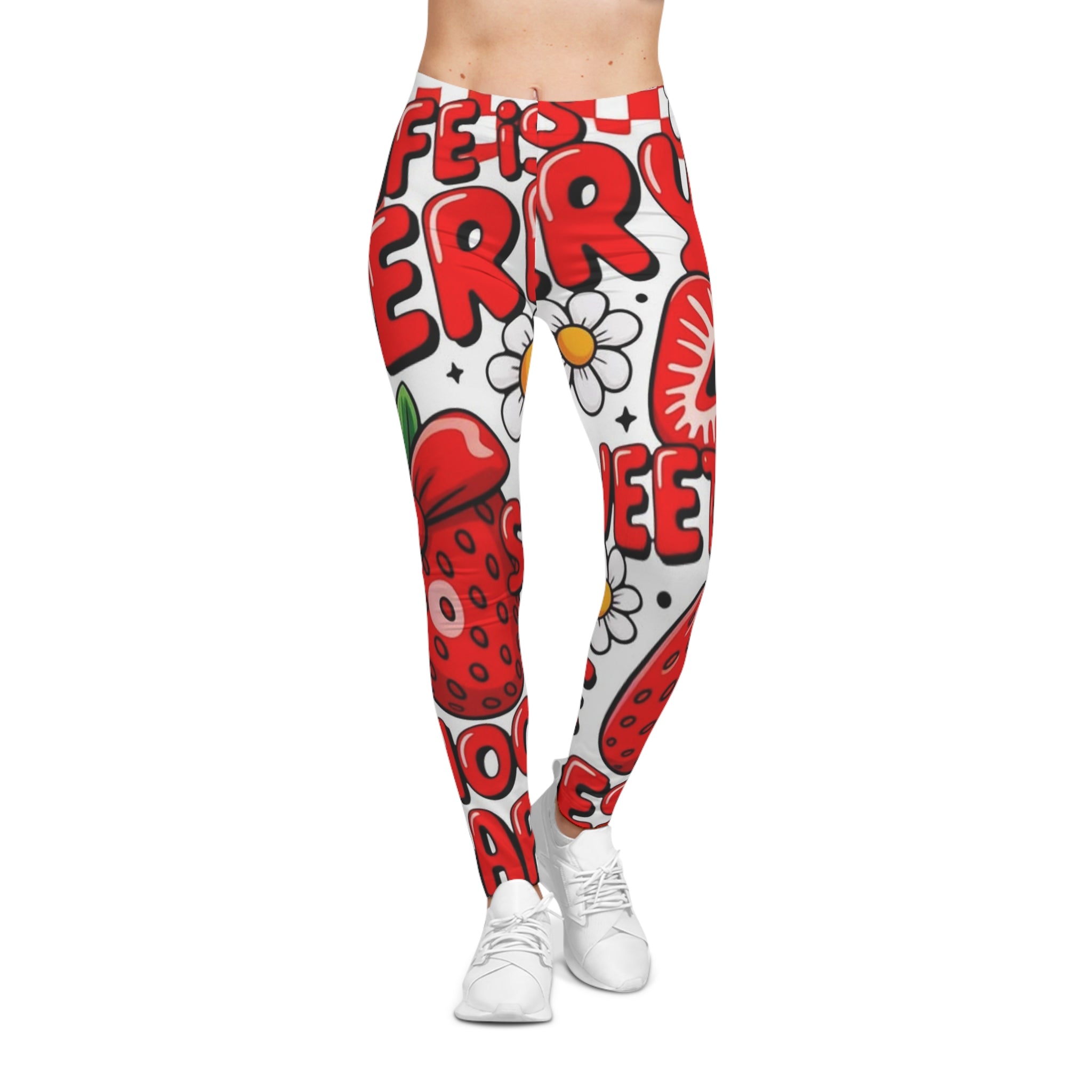 Strawberry Cheer Women's Leggings — Cute Red Fruit Graphic All-Over Print