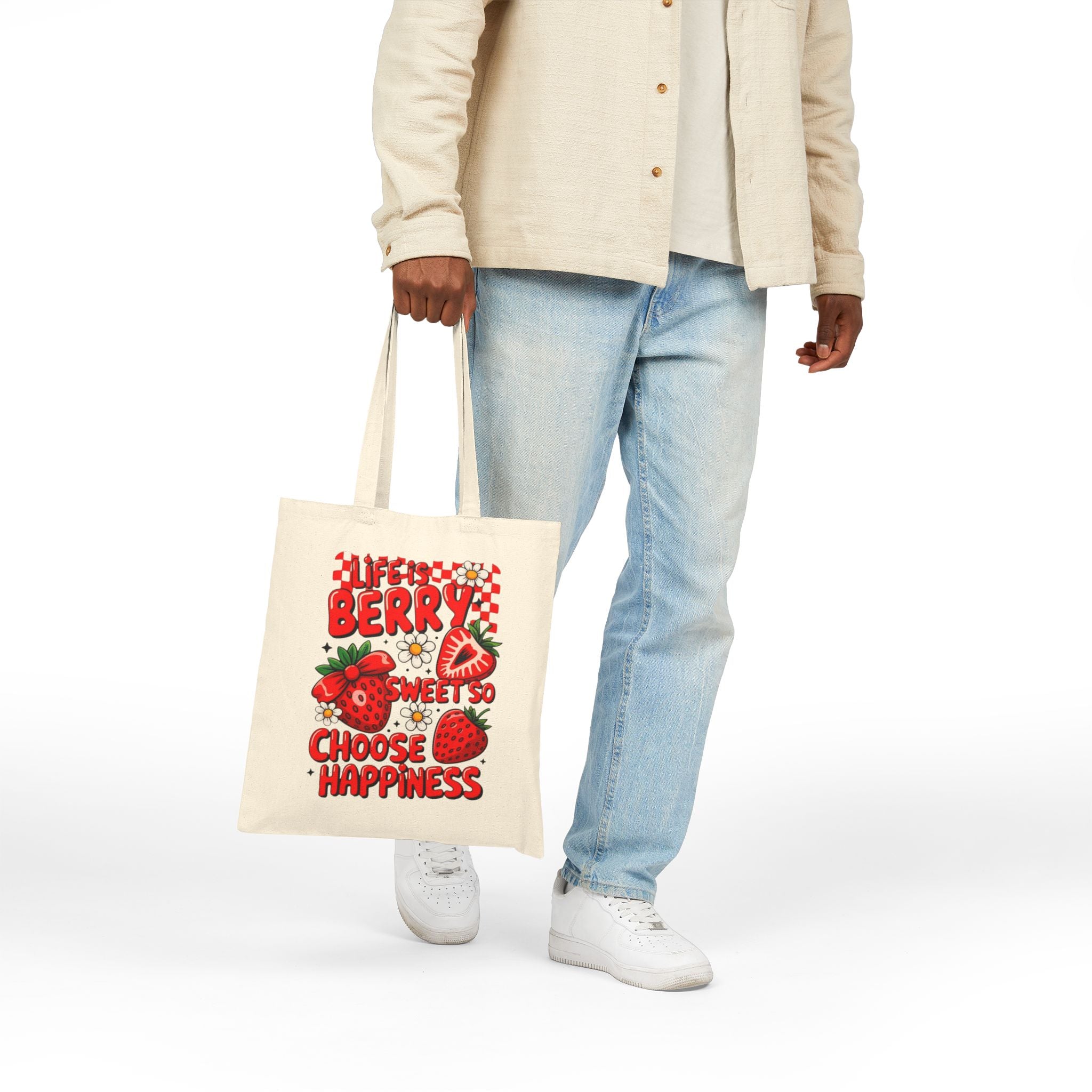 Strawberry 'Life's Berry Sweet So Choose Happiness' Canvas Tote Bag