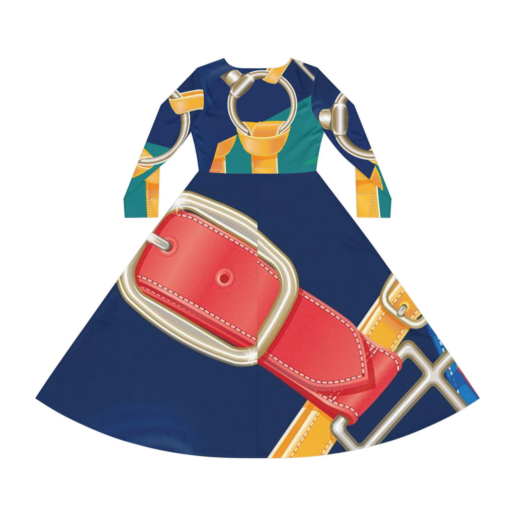 Belt Print Long-Sleeve Dance Dress – Bold Equestrian-Inspired AOP