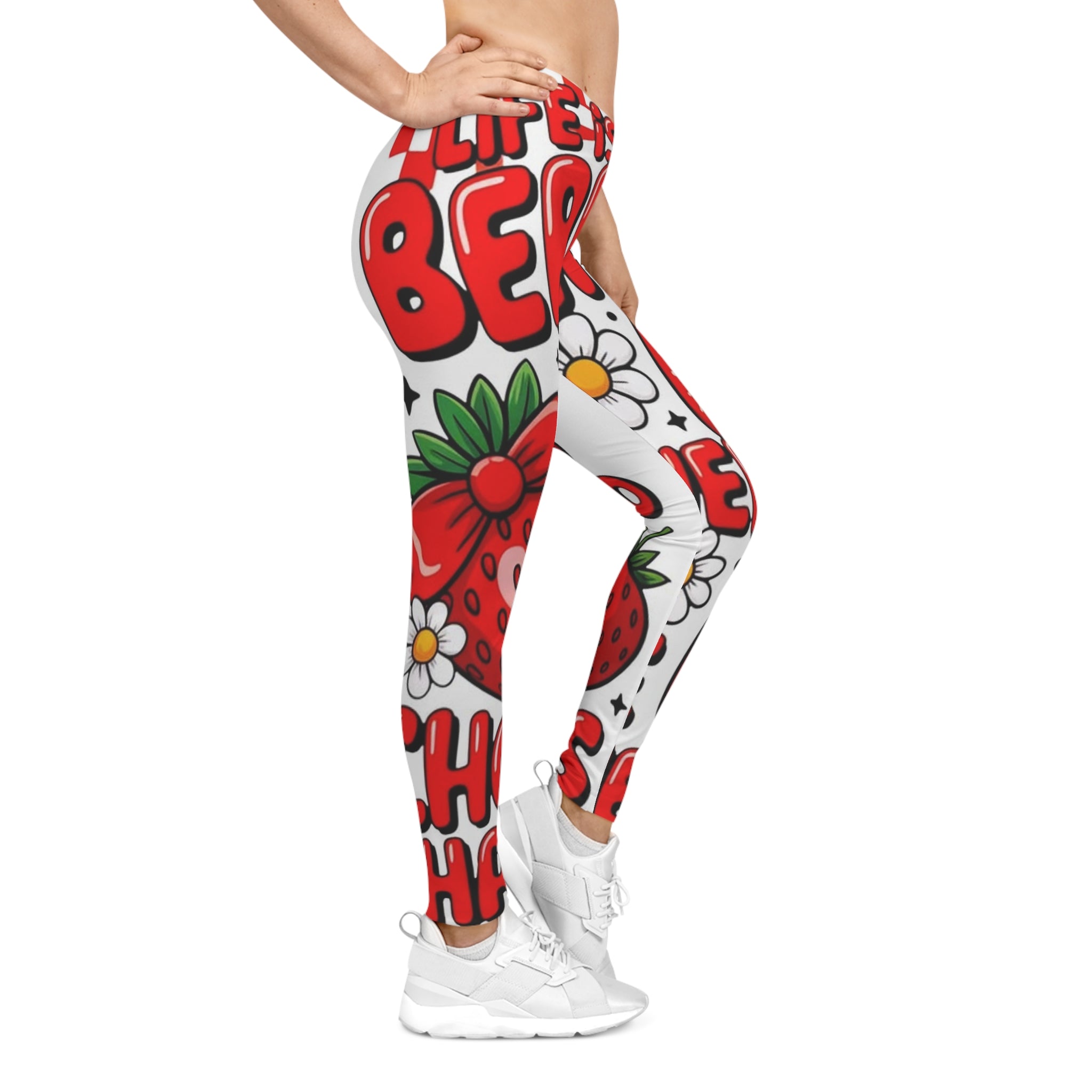 Strawberry Cheer Women's Leggings — Cute Red Fruit Graphic All-Over Print